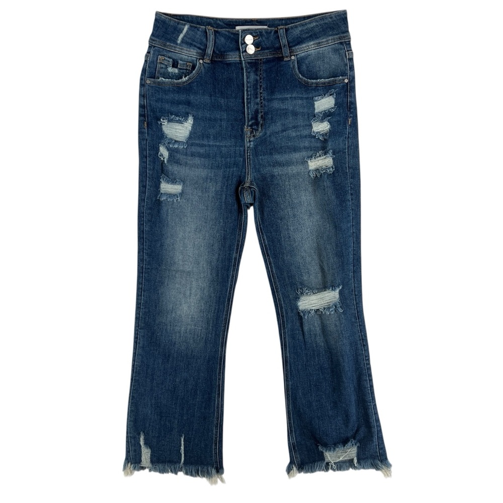 RISEN High Rise Stretch Distressed‎ Denim Destroyed Hem Crop Jeans Size 13/31